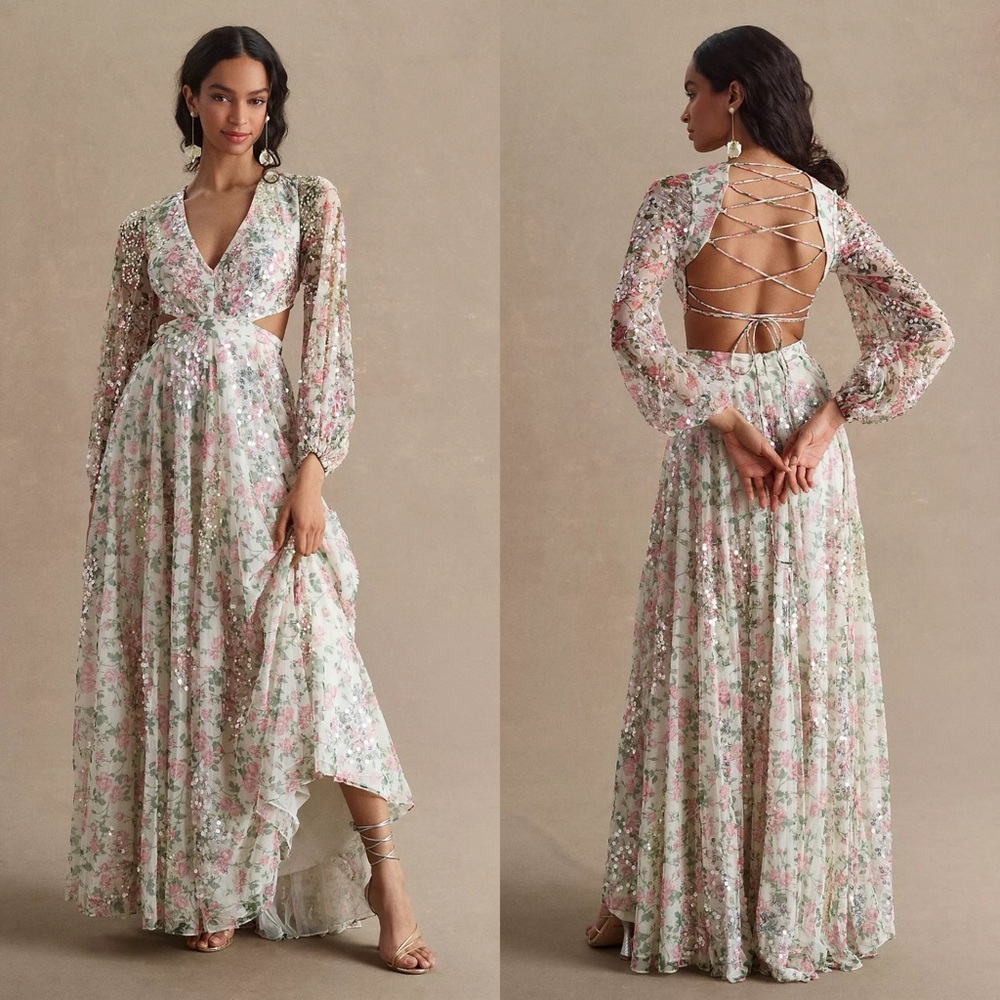 NWT A93746 Anthropologie Mac Duggal Sequined Floral Print Cutout Lace-Up Gown